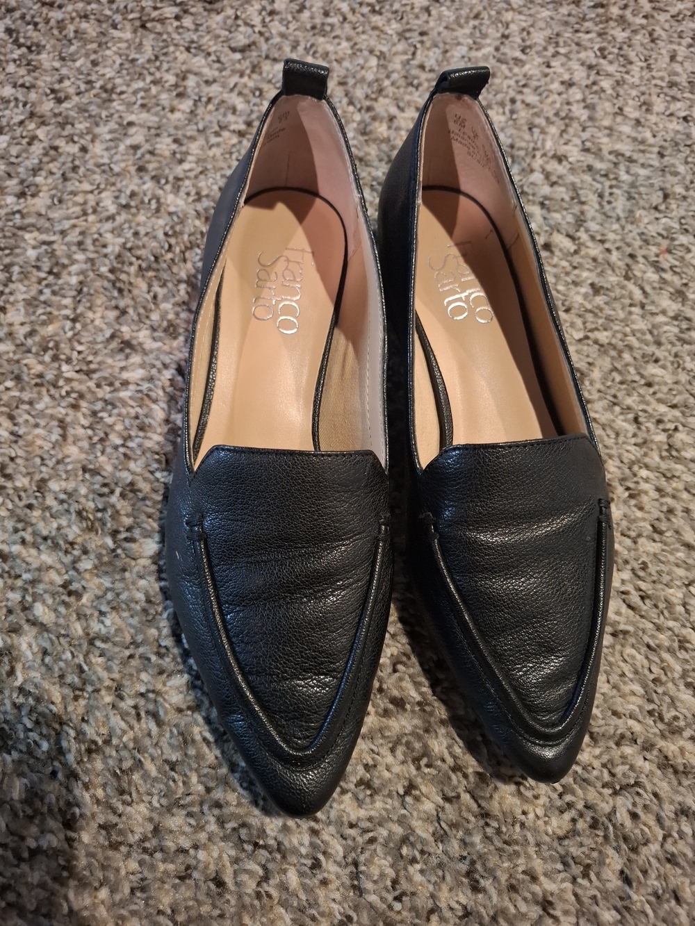 Franco Sarto Black Leather Pointed-Toe Loafers with Pull Tab - Like New